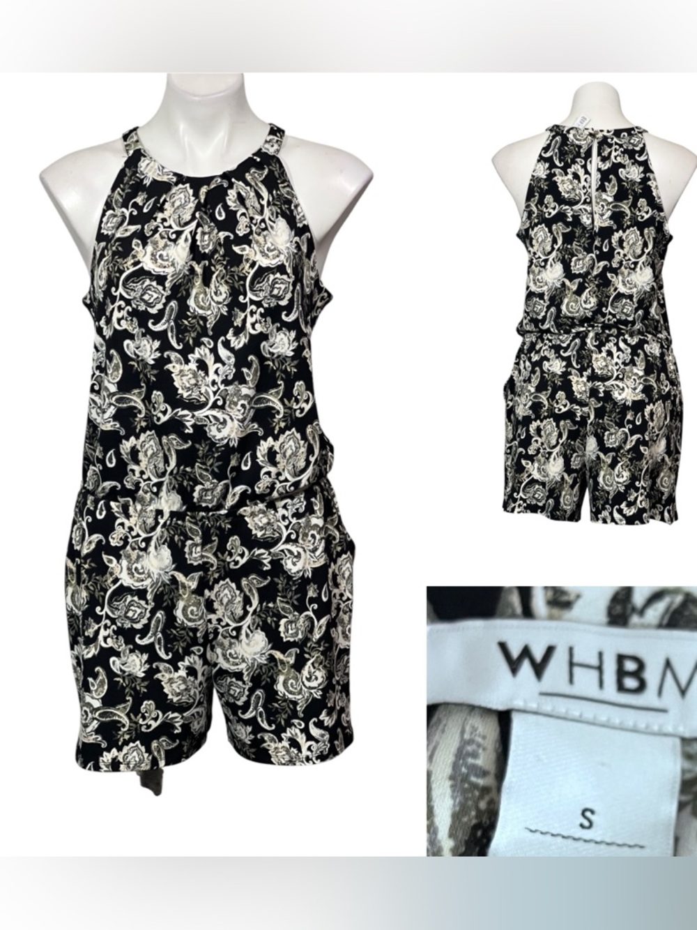 White House Black Market Romper Sz Sm Black‎ multicolor Paisley Halter casual